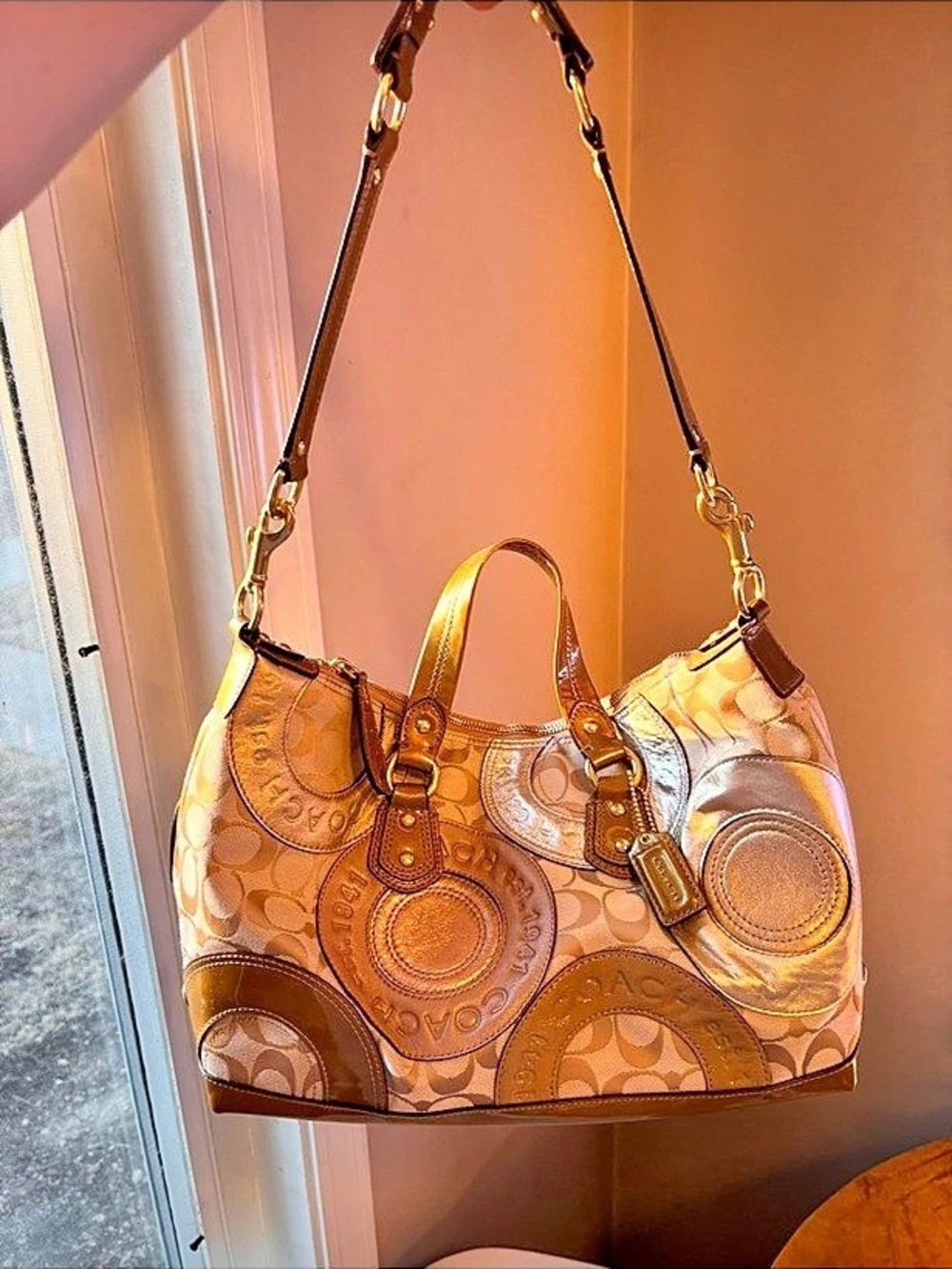 Never worn - Coach Gold Metallic Mosaic Patchwork Signature Tote Silver, Gold, &